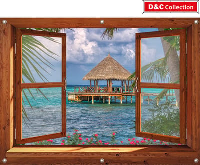 Tuinposter - 130x95 cm - doorkijk - bruin venster - luxe uitvoering - Tropisch strand rieten hut met bloemen - tuin decoratie - bloemen poster - tuinposters buiten - schuttingposter - tuindoek - balkon decoratie