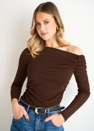 Chocoladebruine jersey top met V-hals en lange mouwen