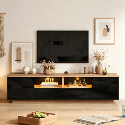 Wishdor - TV meubel - 180 cm - 2 lades en 2 kasten met open vakken en LED - Scandinavische stijl - woonkamer - houtlook - zwart en houtkleur