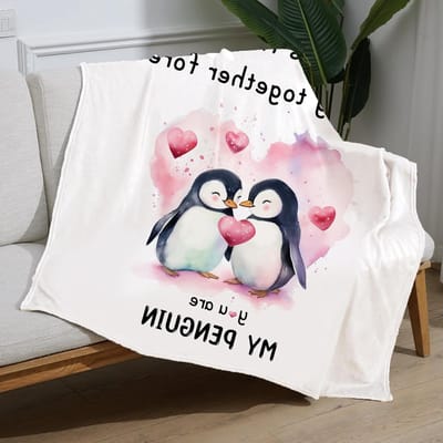 Romantische deken voor koppels, perfect als verjaardagscadeau of huwelijksgeschenk, ideaal voor vriend en vriendin, met liefdevolle boodschap en schattige pinguïnprint