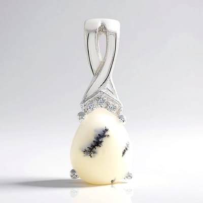 Cavill - Zilveren Hanger - 925 Sterling Zilver - Dendrieten Agaat 1 76 ct Peervorm Cabochon - Witte Topaas Briljant 0 011 ct - Elegant Sieraad