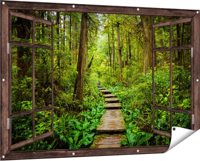 Gards Tuinposter Doorkijk Voetpad in het Bos met Groene Planten - 150x100 cm - Tuindoek - Tuindecoratie - Wanddecoratie buiten - Tuinschilderij