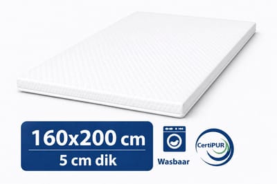 Kikishop Topdekmatras 160x200 – 5 cm HR Koudschuim – Afritsbaar & Wasbaar – CertiPUR® Gecertificeerd – Medium Hardheid – Comfort Matrastopper