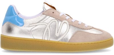 Manfield - Dames - Beige leren sneakers met goudkleurige & blauwe details - Maat 36