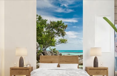 Behang - Fotobehang Strand - Stenen - Zee - Zomer - Breedte 120 cm x hoogte 240 cm