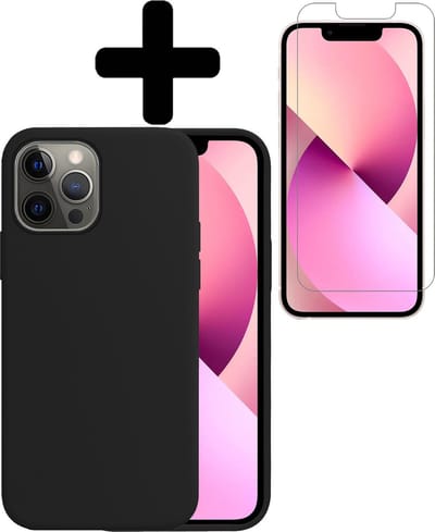 Hoesje - Met Screenprotector - Geschikt voor Apple iPhone 13 Pro - Sterk & Shockproof - Back Cover - Siliconen Case - Telefoon Hoes - Telefoonhoesjes - Zwart