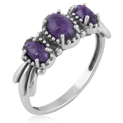 Cavill - Luxe Ring 925 Sterling Zilver Geoxideerd - 3 Ovalen Russische Paars Charoiet Cabochon Edelstenen - Dames Maat 16 & 17