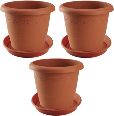 3x stuks bloempotten met onder opvangschaal in kleur terra cotta - rond diameter pot 30 cm - Plantenpotten/bakken
