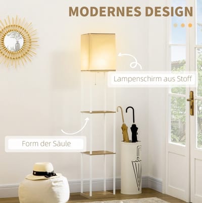 STILVORA Staande Lamp – 26 x 26 x 159 cm – Met Drie Planken – MDF, Metaal en Stof – Wit en Bruin – Voor Binnen