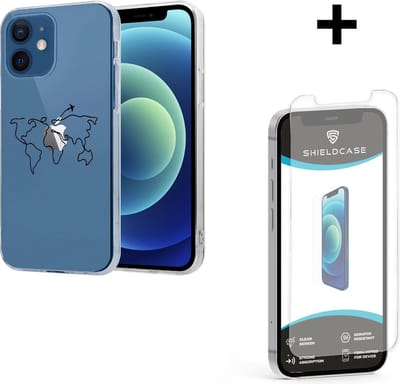 ShieldCase telefoonhoesje geschikt voor Apple iPhone 12 / 12 Pro - 6.1 inch hoesje met atlas/reis patroon - siliconen hoesje met print - shockproof - transparant + glazen Screen Protector