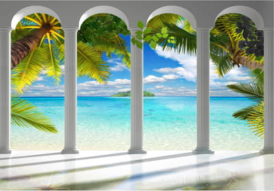 Fotobehangkoning - Behang - Vliesbehang - Fotobehang Uitzicht op Zee vanaf de Pilaren 3D - Sea behind Columns - 150 x 105 cm