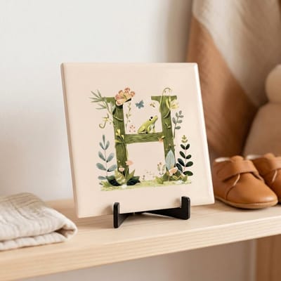 Tegeltje | Alfabet | Bosdiertjes | Baby | Letter H | Glans afwerking | Inclusief gratis standaard | 15 x 15 cm | Fotofabriek