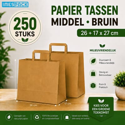 Papieren Draagtas Bruin - 26+17x27 cm - Middel - 250 Stuks - kraft - IMES PACK