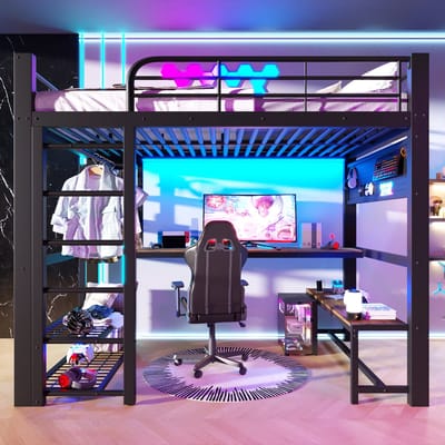 VVBV Ruimtebesparende Hoogslaper 140x200 cm - LED-Verlichting, Planken, Bureau - Hout/Metaal Zwart - Zonder Matras