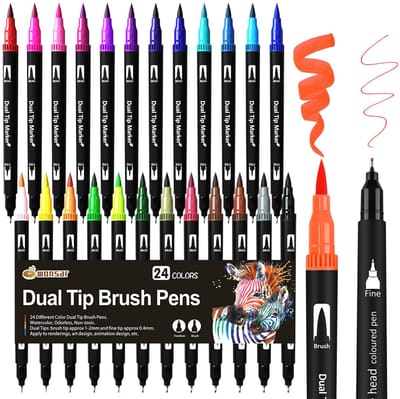 Dailygoods- Viltstiften 24 Kleuren - Penseelstiften - Fineliner - Marker - Kleurpennen - Creatief Schrijven - Dubbele Punten