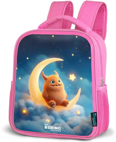 NoBoringSuitcases.com® - Rugzak roze - Schooltas meisjes - Oranje monster op maansikkel - Kinder rugtas meisje - Boekentas kind - Kinderrugzak voor school - Schoolrugzak
