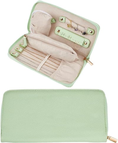 Draagbare sieradenetui van PU-leer voor reizen - multifunctionele opbergtas voor oorbellen, armbanden en ringen met ritssluiting (groen)