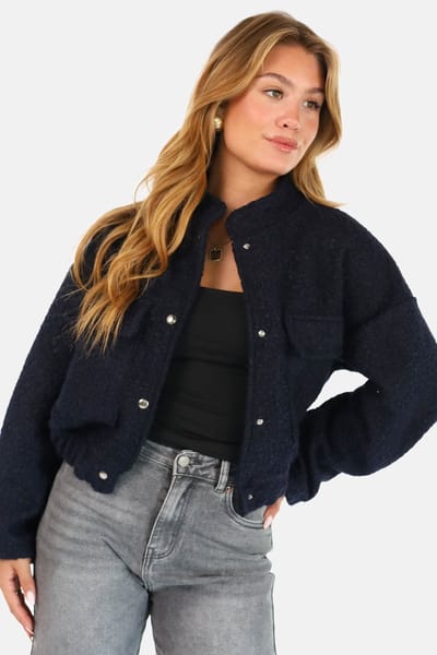 Getdrezzed Jasje - Maat: S/M - Teddy bomberjack met drukknoopsluiting donkerblauw