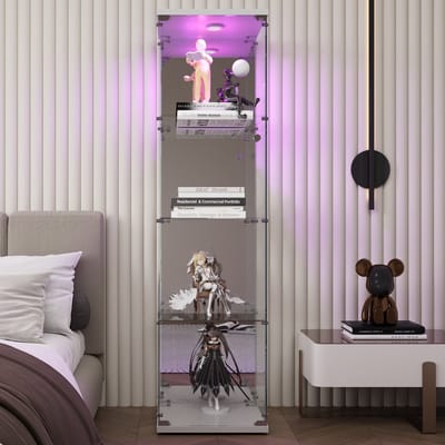 Vitrinekast met LED, 164 cm moderne vitrinekast met 4 ESG-glasplanken, zonder wielen, collectievitrinekast voor bar, woonkamer, 164 x 42,5 x 36,5 cm, wit