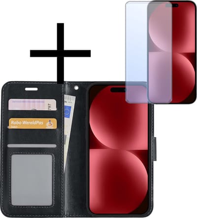 Hoesje - Met Screenprotector - Geschikt voor Apple iPhone 15 - Luxe Pasjeshouder - Bookcase Portemonee - Flip Case - Kunstleer Book Case - Flipcase - Book Cover - Walletcase - Portemonneehoes - Zwart