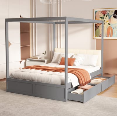MEUNIQ Hemelbed 140x200 cm met 2 lades, gestoffeerde rugleuning en lattenbodem, kinderbed voor kinderkamer, grijs