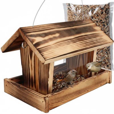 Famanu – Houten vogelvoederhuisje - met zijwanden van acrylglas - Vogelhuisje + vogelvoer 0,5 kg - Houten decoratie voor in de tuin 28 x 18 x 20 cm