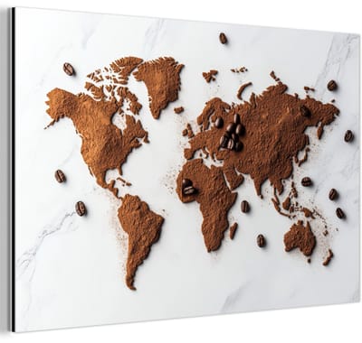 Aluminium schilderij 180x120 cm - Wanddecoratie metaal - Wereldkaart - Koffie - Marmer - Metalen muurdecoratie woonkamer - Decoratie industrieel - Foto op dibond - Industriële accessoires slaapkamer