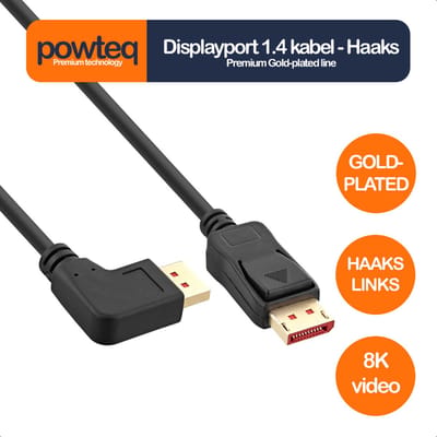 Powteq premium - Displayport 1.4 kabel - 15 cm - Haakse stekker - Gold-plated - Haaks naar links - 4K video