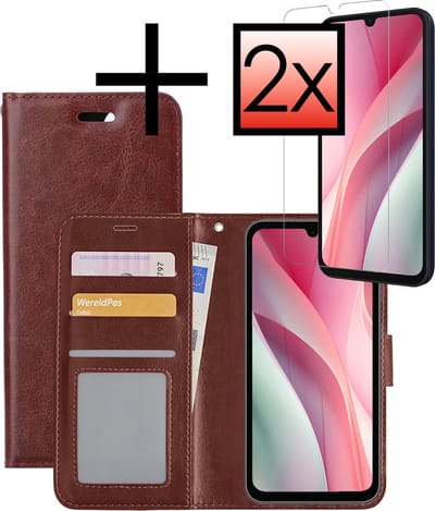 Hoesje - Met 2x Screenprotector - Geschikt voor Samsung Galaxy A15 - Luxe Pasjeshouder - Bookcase Portemonee - Flip Case - Kunstleer Book Case - Flipcase Hoes - Book Cover - Walletcase - Portemonneehoes - Bruin