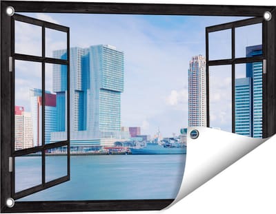 Gards Tuinposter Doorkijk Rotterdamse Skyline aan het Water - 60x40 cm - Tuindoek - Tuindecoratie - Wanddecoratie buiten - Tuinschilderij