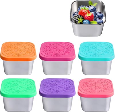 Set van 6 - Roestvrijstalen sausbakjes - 180 ml - Vierkante sausbakjes met siliconen deksel - Lekvrije roestvrijstalen sausbakjes - Kleurrijk en lekvrij - Herbruikbaar - Voor sauzen, jam, salades, picknicks, kamperen en afhaalmaaltijden