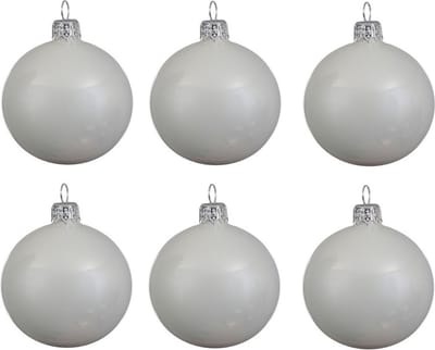Decoris Kerstballen set - 6x stuks - wit - glas - 6 cm - glans - kerstversiering - zilveren ophanglintje