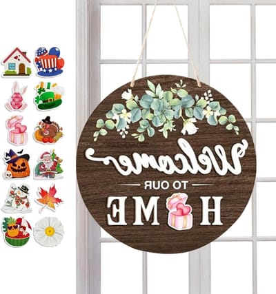 Houten Deurbord - Welkomstbord Verwisselbaar - Seizoensdecoratie - Inclusief 12 Accessoires - 30 cm Rond - Bruin