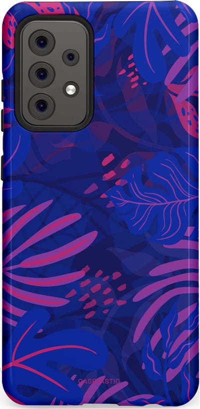 Casetastic hoesje geschikt voor Samsung Galaxy A52 (2021) 5G / Samsung Galaxy A52 (2021) 4G - Dubbellaagse bescherming - Neon jungle blad - Fashion Case - Donkerblauw Lavendel Roze