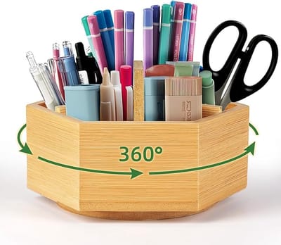Famanu - Roterende pennenhouder van bamboe, 360 graden pennenorganizer, bureau-opslag voor pennen, kleurpotloden, markers, kleine cosmetica-organizer