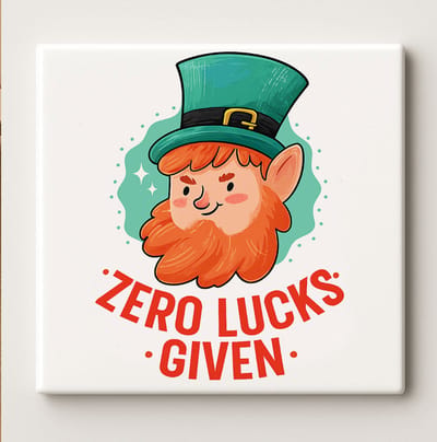 Zero Lucks Given Tegel 15x15cm – Grappige Ierse Leprechaun Keramische Wanddecoratie – Sint-Patrickscadeau – Humoristische Huisdecoratie