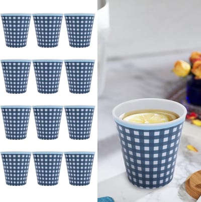 Set van 12 Melamine Mokken met Blauw Ruitpatroon, Duurzaam en Makkelijk Schoon te Maken, Ideaal voor Koffie, Thee en Dranken Thuis of op Kantoor