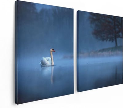 Artaza Canvas Schilderij Tweeluik Zwaan op het Water tussen de Mist - 120x80 - Foto Op Canvas - Canvas Print