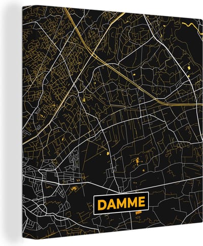 Canvas Schilderij Black & gold - Stadskaart - Plattegrond - Damme - Kaart - 20x20 cm - Wanddecoratie