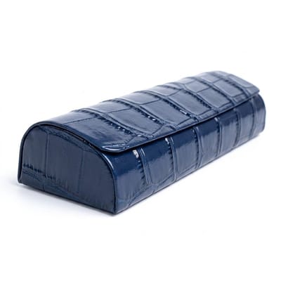 Blauwe brillenkoker dames en heren – kunstleer hard case met croco reliëf – luxe rechthoekige opberg case met klep sluiting