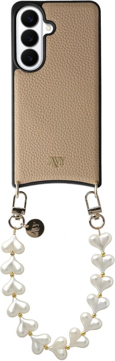 AVY Leren Hoesje Geschikt voor Samsung Galaxy S26 Plus | Compatibel met MagSafe | Leather Case met Telefoonkoord | Polsbandje | Beige | Cupid Pearl