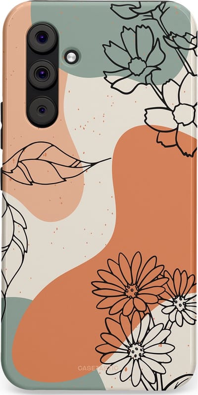 Casetastic hoesje geschikt voor Samsung Galaxy A54 (2023) 5G - Dubbellaagse bescherming - Lijnenspel Botanisch - Fashion Case - Crème Saliegroen Perzik