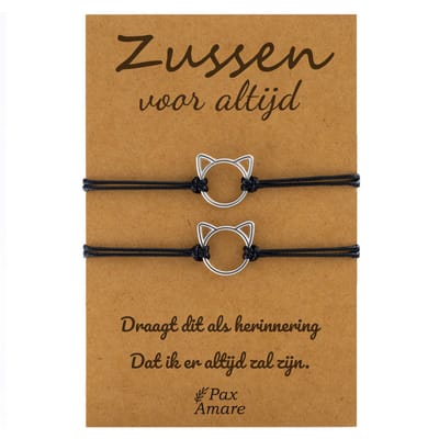 Vriendschapsarmbandjes voor 2 "Zussen voor altijd" - Schattig Katje - BFF Armbandjes met Cadeau Kaartje - Zwart & Zilverkleurig - Kat / Poesje Armband - Pax Amare