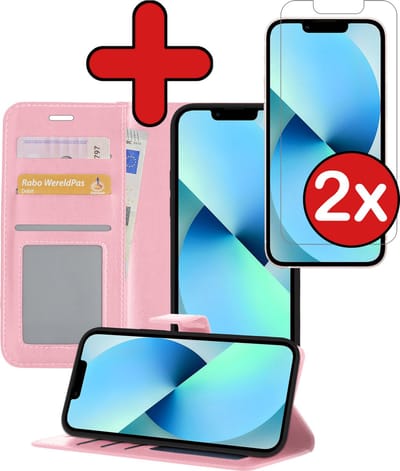 Hoesje - Met 2x Screenprotector - Geschikt voor Apple iPhone 13 Mini - Luxe Pasjeshouder - Flip Case - Bookcase Portemonee - Kunstleer Book Case - Flipcase Hoes - Book Cover - Walletcase - Portemonneehoes - Telefoonhoes - Lichtroze