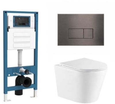 QeramiQ Dely Toiletset - inbouwreservoir Qeramiq Flush - slim zitting - metaal gunmetal bedieningsplaat - rechthoekige knoppen - glans wit