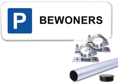 Parkeerbord Bewoners 1 - Weerbestendig Aluminium - 40x15 cm - Bevestiging: Met paal 120 cm + paalbeugels + paaldop