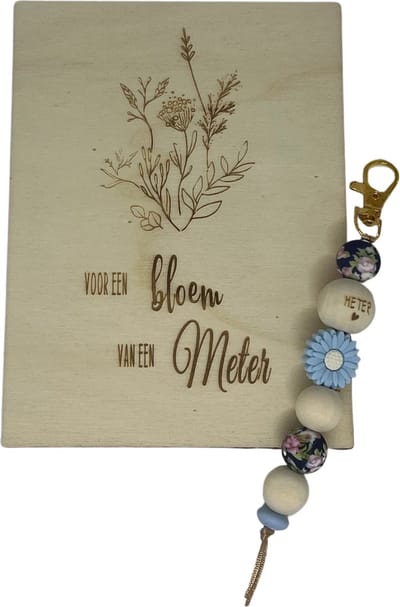 Sleutelhanger en houten kaartje liefste Meter | BLAUW | bloem | jij bent de liefste | liefste meter | moolste peter | cadeau