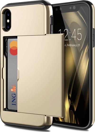 Pasjeshouder Hoesje Geschikt voor Apple iPhone X / XS – Shockproof Hardcase Backcover met Verborgen Kaartvak – Goud