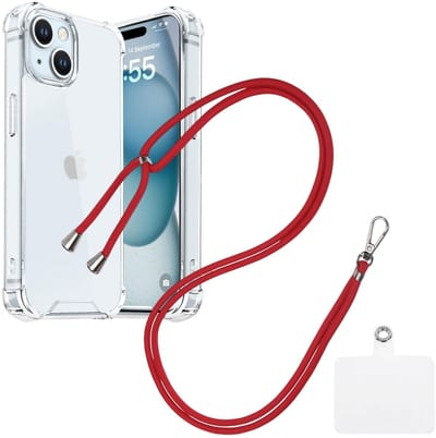 Shock Proof Case Hoes Geschikt voor iPhone 15 Hoesje Transparant Met universele Telefoonkoord rood - Cover - Nek Hanger - Koord Hoes