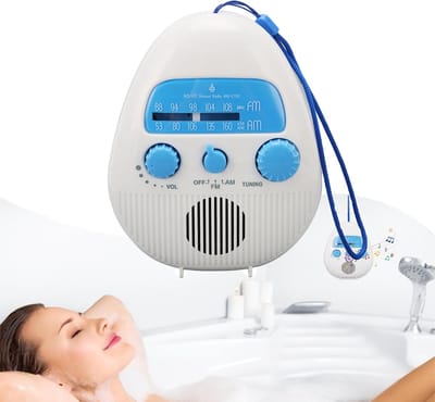 KZQ Draagbare doucheradio met AM/FM – waterbestendig, ingebouwde luidspreker, draaiknop voor zender en volume, voor badkamer en reis